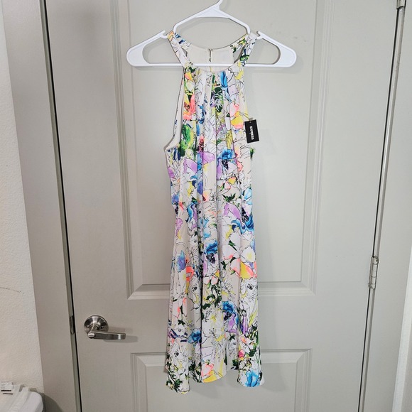 Express Dresses & Skirts - Express Floral Halter Neck Mini Dress Watercolor Pleated Sleeveless Multi 10 NEW